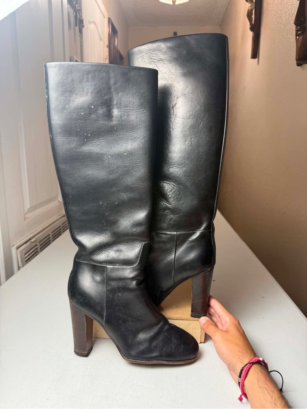 Damage Old Celine Phoebe Philo Black Leather Tall Boots Sz 39 / US 9